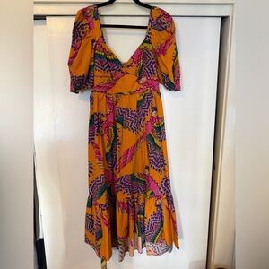 Farm Rio Macaw Puff-Sleeve Midi Dress